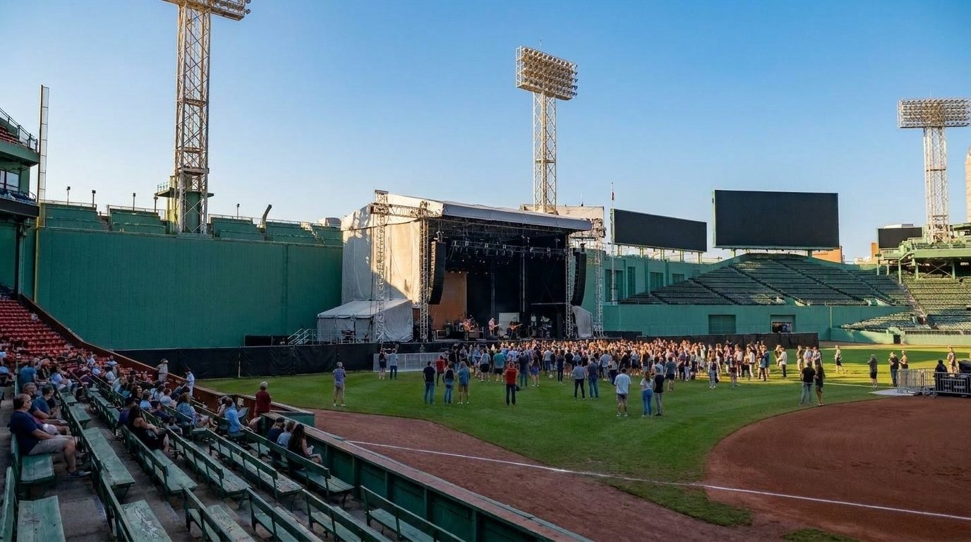 Drawing of a daytime concert at Fenway Park: the stage in center field by the green wall, fans on the field and in the stands