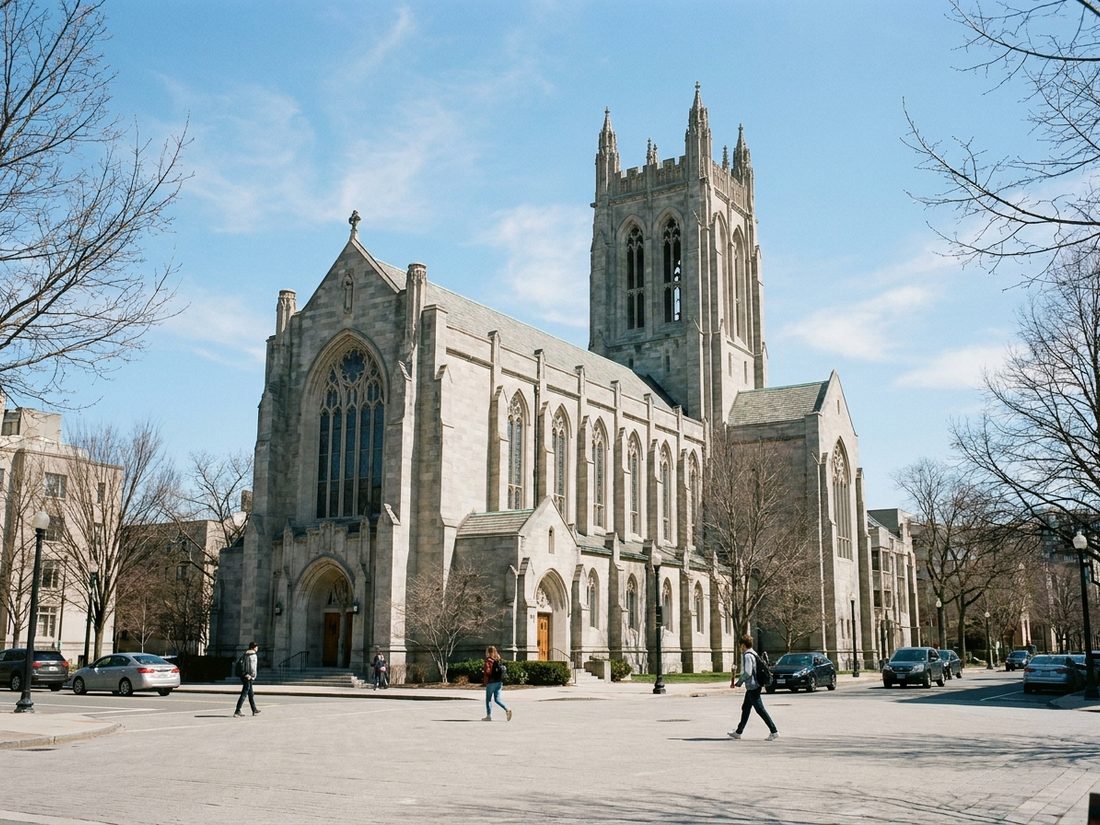 Drawing of Boston University's grey stone Marsh Chapel on Commonwealth Avenue