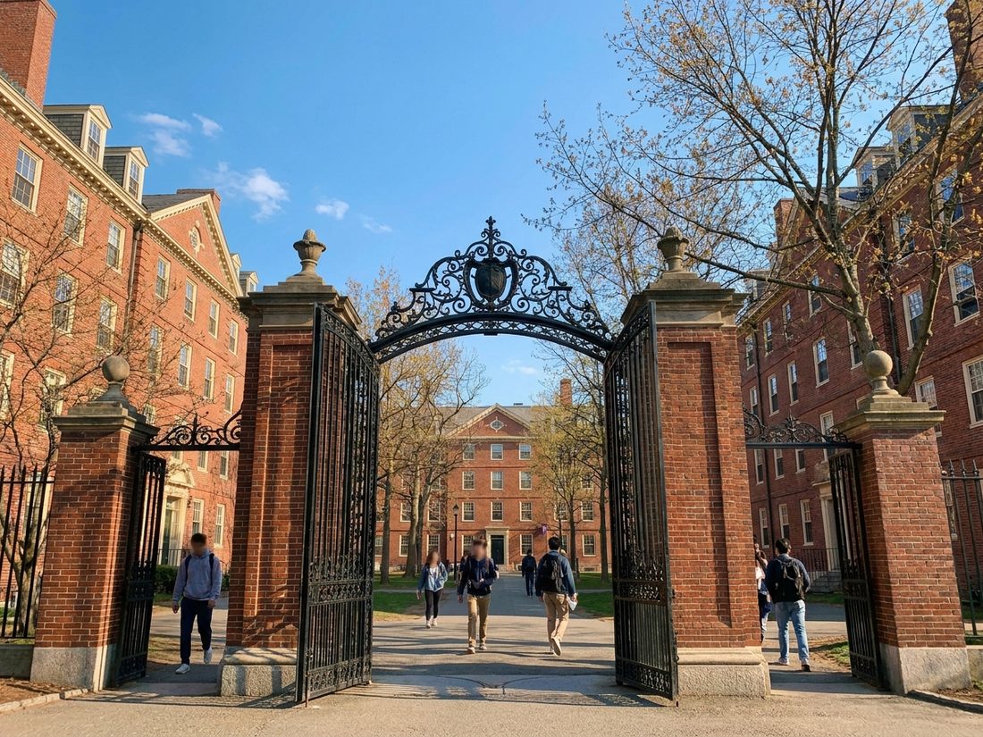 Drawing of Harvard Yard's red-brick Johnston Gate with students walking through