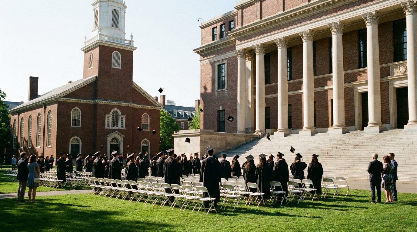 Drawing of graduates in caps and gowns among rows of chairs in Harvard Yard, Memorial Church and Widener Library behind