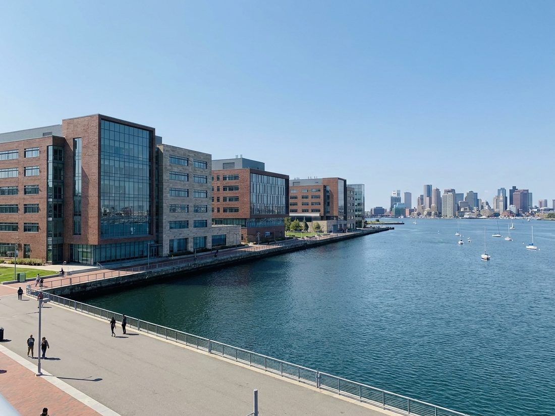 Drawing of the UMass Boston campus on Columbia Point beside Boston Harbor