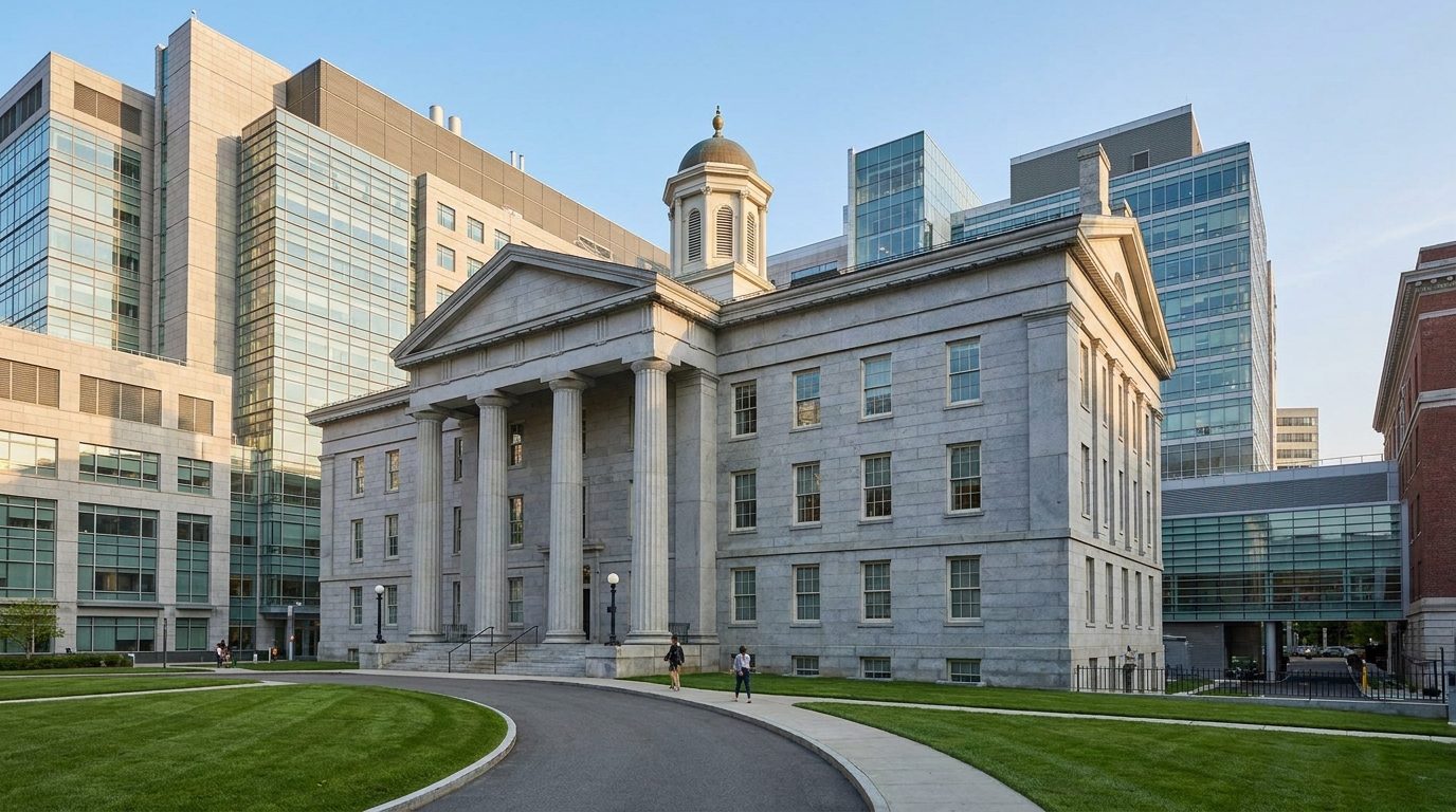 Drawing of Mass General's historic granite Bulfinch Building with its columns and dome, modern hospital towers behind