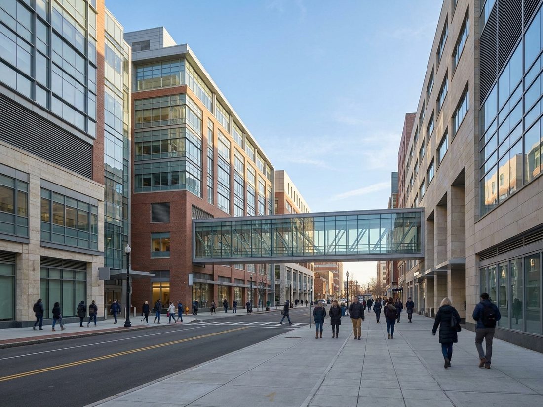 Drawing of Longwood Avenue lined with big modern hospital buildings and a sky bridge
