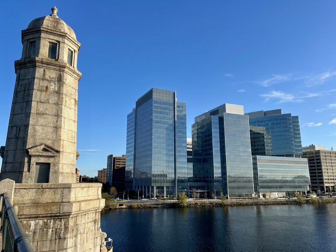 Drawing of hospital towers across the Charles River from a Longfellow Bridge tower