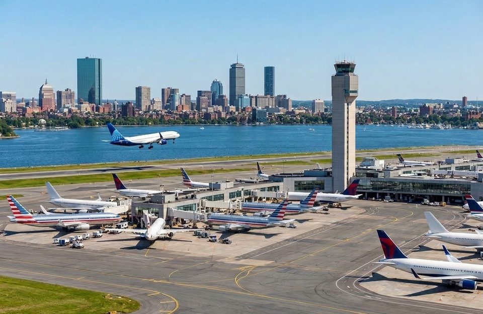 Drawing of Boston Logan Airport: planes at the terminal gates, the control tower and the Boston skyline