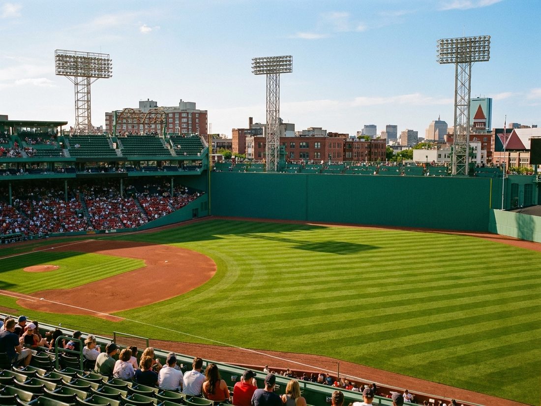 Drawing of a historic Boston ballpark on a sunny afternoon, with its tall green left-field wall