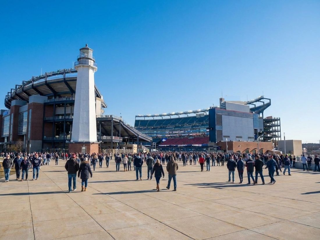 Drawing of Gillette Stadium's lighthouse tower and entrance plaza on a sunny day, fans walking in