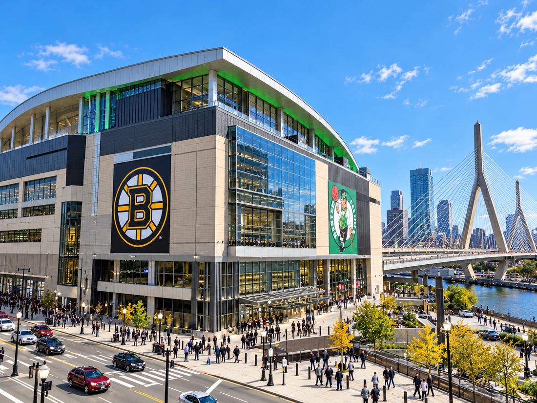 Drawing of TD Garden on a sunny day, with the Zakim Bridge and the Boston skyline